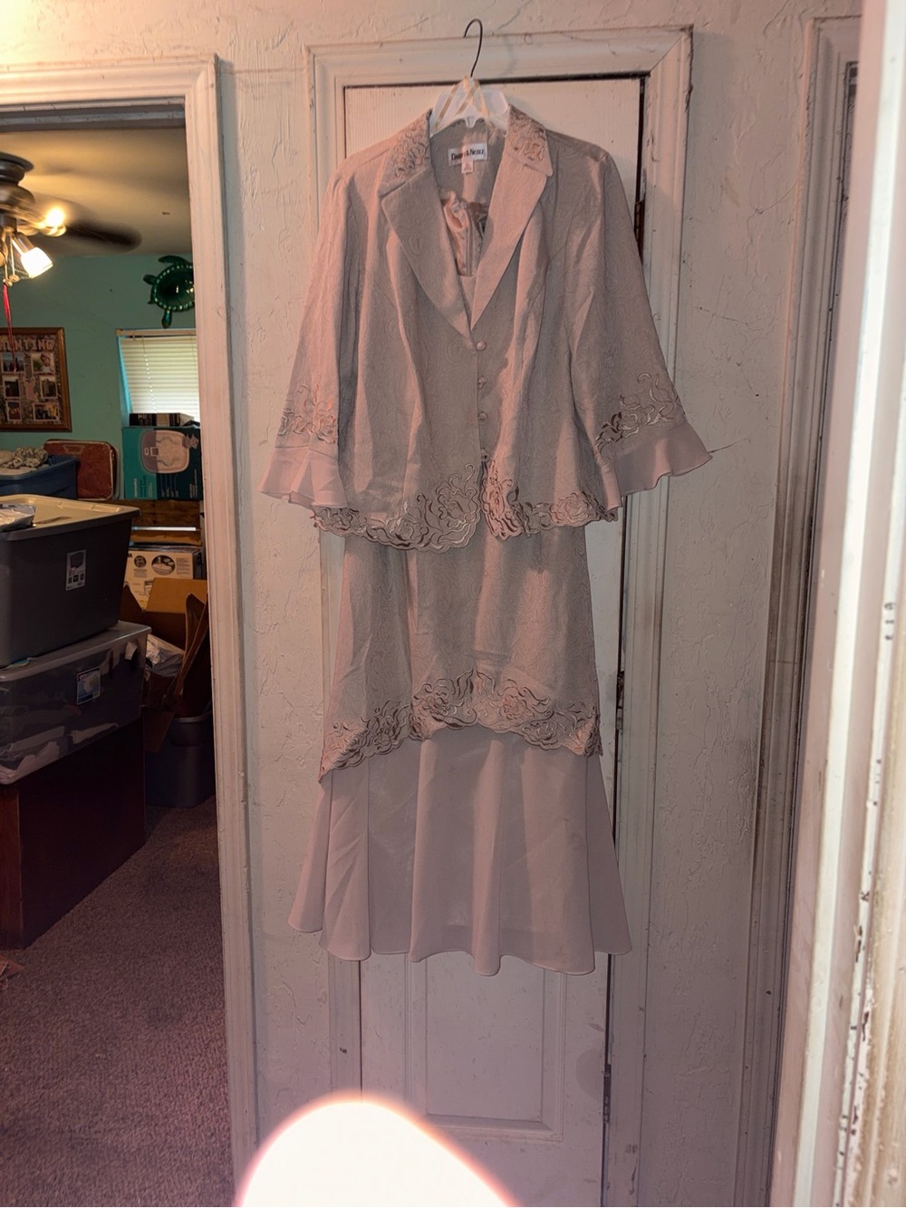 Lace-Trim High-Low Skirt Suit in beige by Danny and Nicole